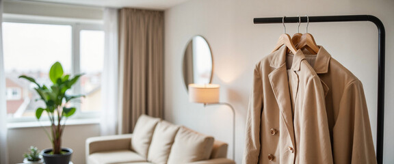 Elegant light jacket displayed in modern room, stylish ambiance