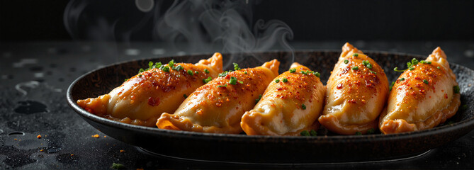 Delicious empanadas steaming on plate, gourmet dining experience
