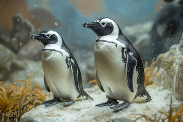 Obraz premium Two African Penguins Standing on Snow