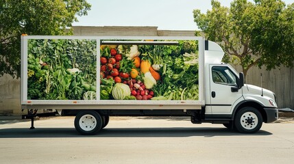 A clean, modern farm-to-door delivery truck styled with bold eco-friendly branding. digital