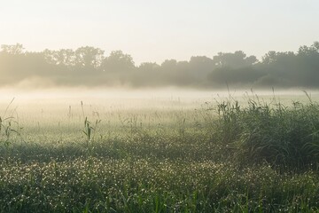 Spring Fog on a Meadow A misty meadow at dawn, with soft light illuminating dewdrops on the grass