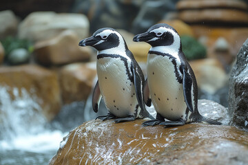 Two African Penguins Resting on a Rock Near Water