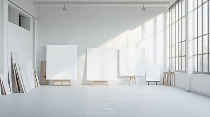 A clean open space styled for a team workshop with blank canvases and inspiration boards. digital