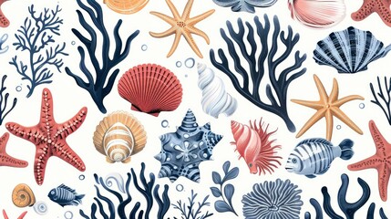 Seamless pattern with sea shells, corals and seaweed on a white background