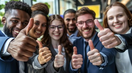 Group of happy multiethnic business people showing thumbs up in office