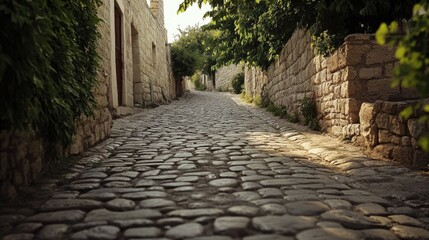 A rustic village road made of uneven cobblestones, stretching between two rows of historic stone buildings