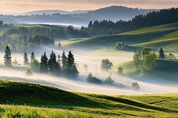 Spring Fog on a Meadow A misty meadow at dawn, with soft light illuminating dewdrops on the grass