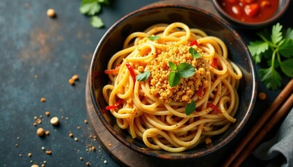 Overhead shot of Khao Soi noodle dish garnished with crispy fried noodles and peanuts, spicy, flavorful