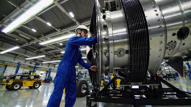 Aerospace Engineer Inspecting Aircraft Engine in Factory