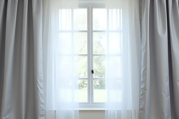 Light grey window curtains and white tulle indoors