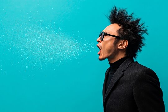 Screaming man expelling saliva isolated on blue