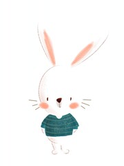 a cute bunny is standing and wearing green clothes illustration isolated. Bunny easter drawing background. Rabbit hand drawing cartoon character