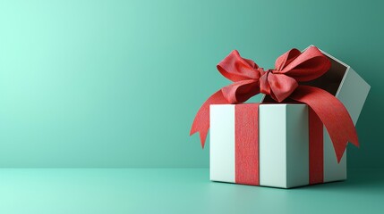 White gift box with a large red bow on top displayed on a wooden table surface