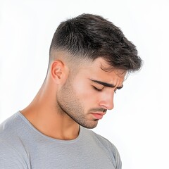 Obraz premium Pensive Young Man with Short Dark Hair, Close-up Portrait Studio Shot