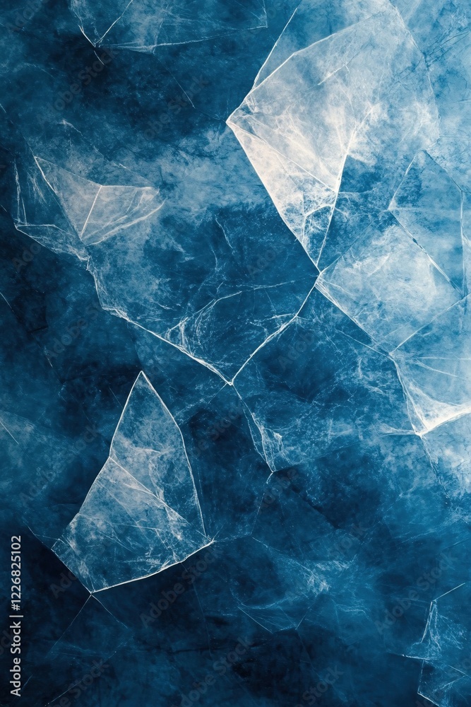 Poster Fractured Ice Texture with Deep Blue Tones and Sharp Edges Creating an Abstract Pattern