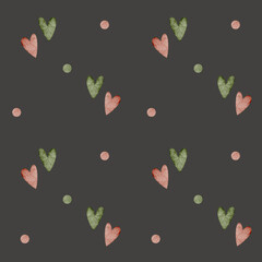 Pattern couple hearts red green. Watercolor illustration. Graphic seamless print gray background for design holidays, Valentine's Day, lovers, Christmas, New Year textiles, fabric, packaging, clothes