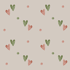 Pattern watercolor hearts red green. Cute illustration. Geometric seamless print beige background for design holidays, Valentine's Day, Lovers, Christmas, New Year textiles, fabric, packaging, clothes
