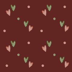 Watercolor pattern couple hearts red green. Cute illustration. Seamless print on burgundy background design holidays, Valentine's Day, lovers, Christmas, New Year textiles, fabric, packaging, clothes