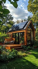 A compact, sustainable tiny house with wooden paneling, solar panels, and a lush green yard.
