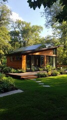 Naklejka premium A compact, sustainable tiny house with wooden paneling, solar panels, and a lush green yard.