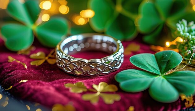 Silver claddagh ring with shamrocks on velvet