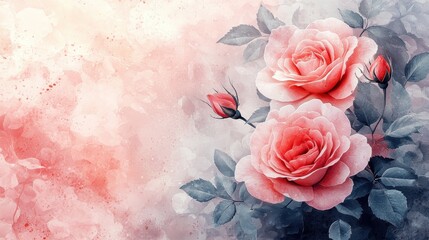 Painting of three pink roses with green leaves on a soft pink background