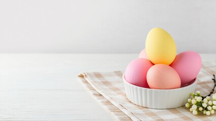 Pastel easter eggs in yellow and pink with copy space