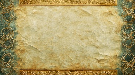 Vintage celtic-inspired golden ornate decorative frame on aged paper texture