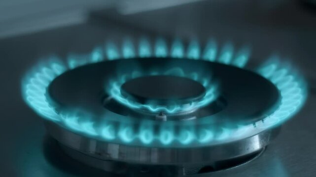 In the kitchen, in the dark on the stove, gas ignites on a large and powerful burner consisting of two rings. Closeup. Shot in motion