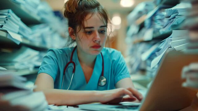 A young female nurse looks overwhelmed at her desk, surrounded by paperwork in a busy hospital or clinic. The expression on her face conveys the stress of long hours and heavy workloads.