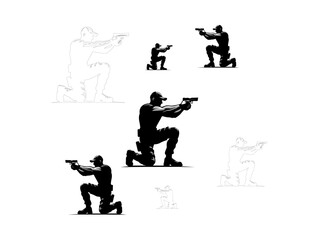 Pistol shooting sport silhouette collection set air pistol handgun shooting flat design soldier silhouette vector and line art design.