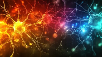 A creative concept of AI visualized as glowing neural connections on a dark futuristic backdrop, colorful and intricate design