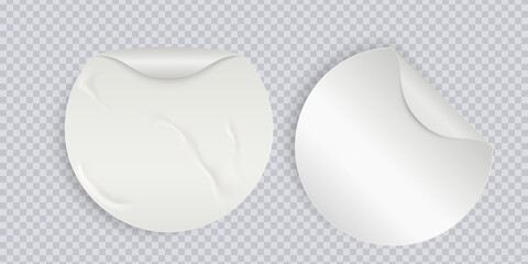 Round white sticky labels with bent edges. Adhesive round paper sticker with curved corner on checkered background. Empty mockup for memos, price tags, gluing. Realistic vector illustration