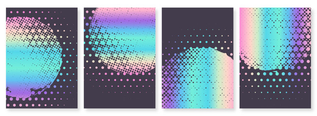 Set of holography themed Grunge circles with halftone on transparent background Brochure cover template design