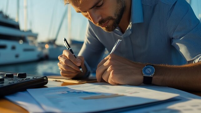 Man working on paperwork outside on a sunny day with boats in the background