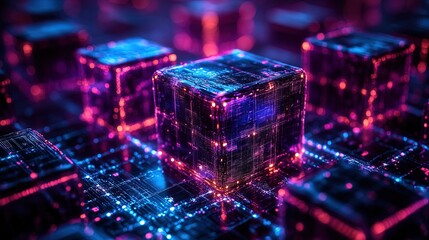 Abstract digital ledger with multiple blockchain layers, blue and purple holographic glow 