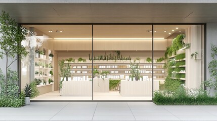 A clean storefront for a sustainable brand with modern branding and eco-themed decor. digital