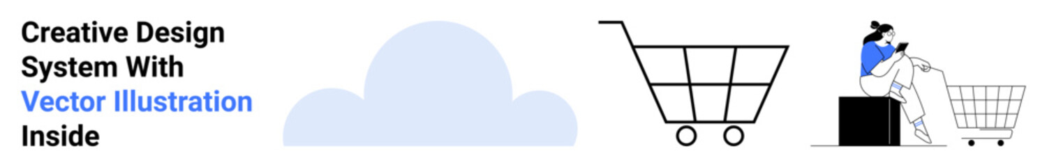 Woman sitting on a box with shopping cart and cloud icon, highlighting online shopping and digital storage. Ideal for e-commerce, retail, technology, cloud computing, consumer behavior, marketing