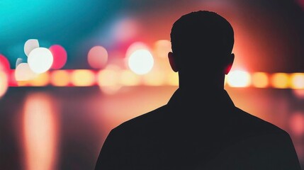 A silhouette of a person stands against a blurred backdrop of colorful city lights at night, creating a mysterious and atmospheric image.