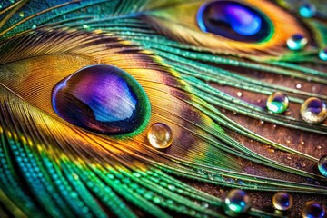 Fototapeta premium Vintage Peacock Tail Close-up with Water Droplets - AI Photo