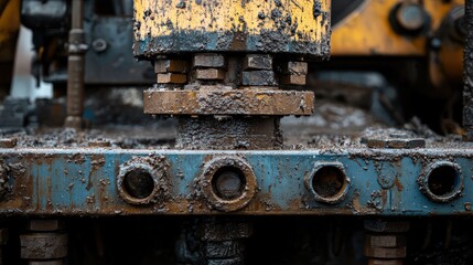 A detailed close-up of drilling machinery with dirt-covered components, emphasizing industrial wear and tear