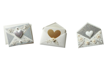 Set of Valentines Day glitter  envelopes with silver hearts on transparent background. Generative AI