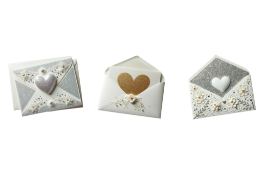 Set of Valentines Day glitter  envelopes with silver hearts on transparent background. Generative AI