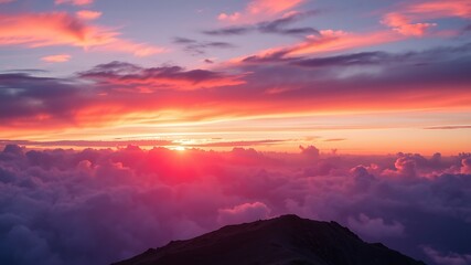 Fototapeta premium Majestic sunrise over a mountain peak with vibrant pink and orange cloudscape, above a sea of clouds