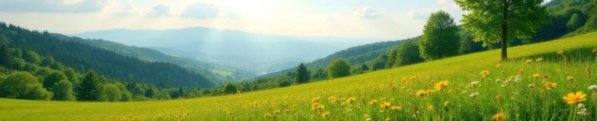 Obraz premium Serene hillside landscape with trees and a meadow, landscape, peaceful, wildflowers