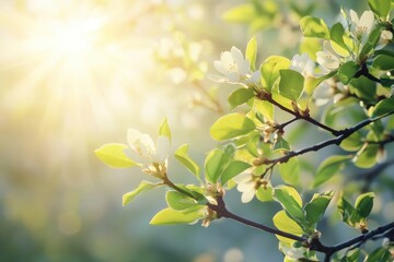 Sunbeam illuminating fresh leaves and blossoms in a serene natural setting