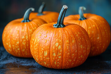 Fototapeta premium Three Orange Pumpkins With Water Droplets On A Dark Surface