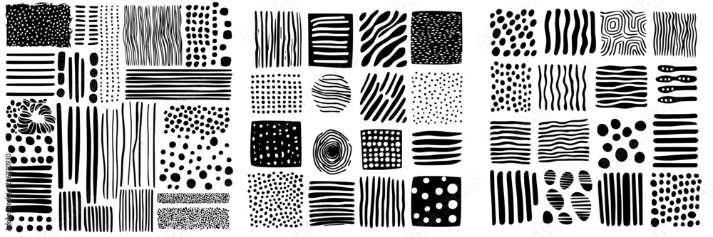 Poster collection of abstract black and white patterns displaying various designs and shapes suitable for c
