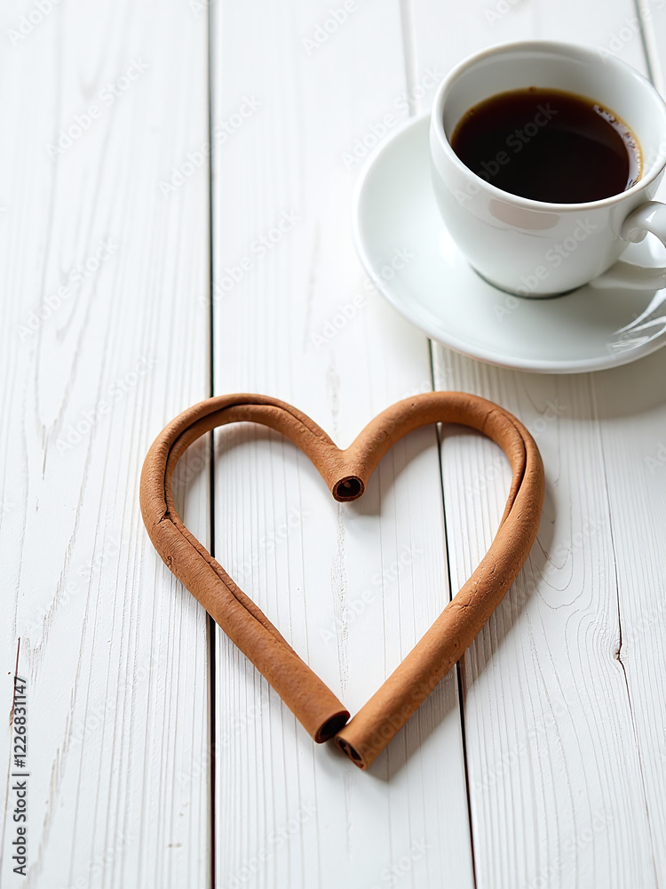Aufkleber cinnamon heart shape sits on a white wooden table with space for text near a cup of coffee in romant