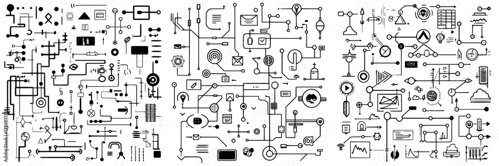 Poster intricate black and white line drawing featuring diverse technology and data elements arranged in a 